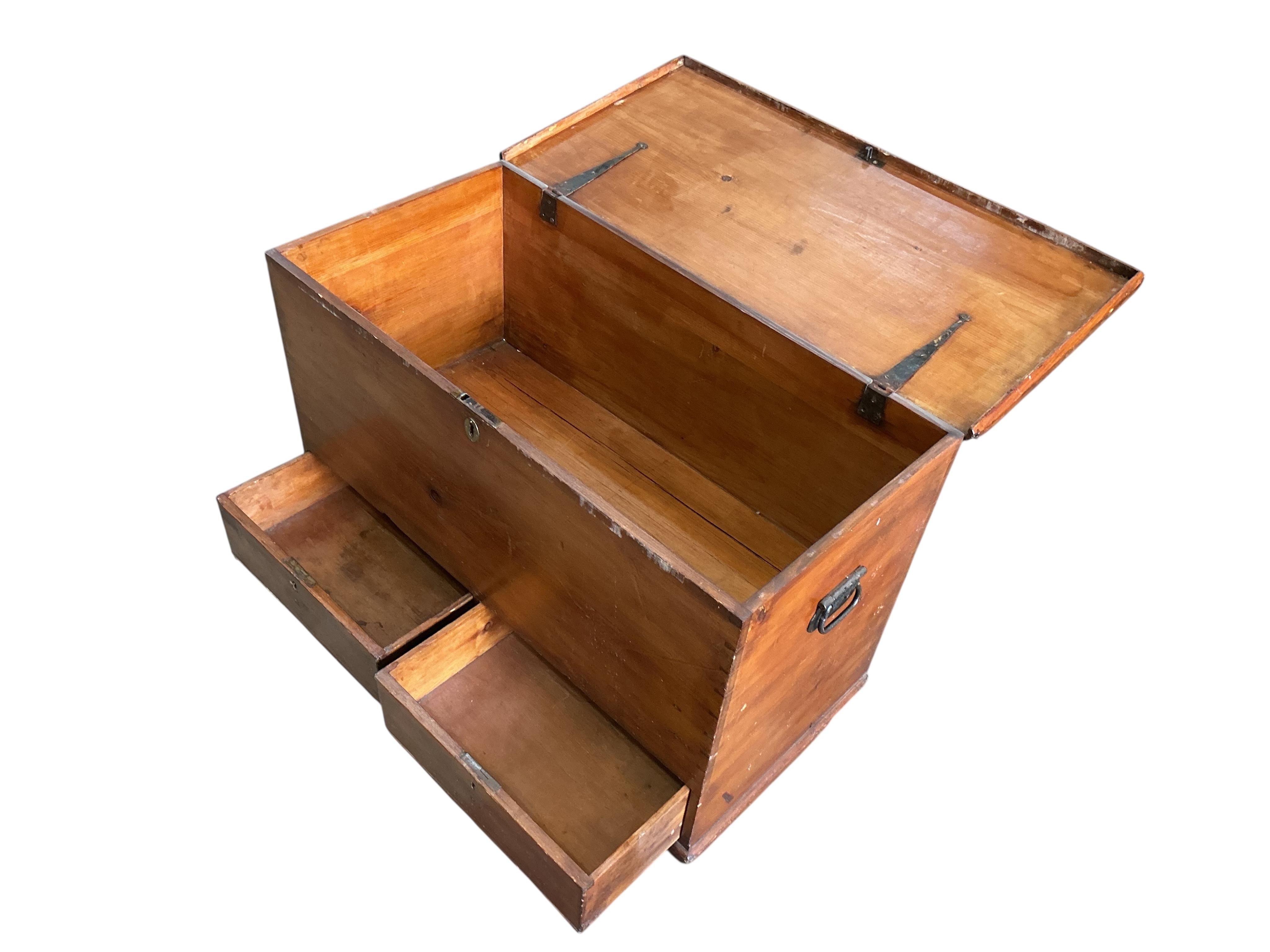 A Victorian pine two drawer trunk, width 94cm, depth 46cm, height 79cm